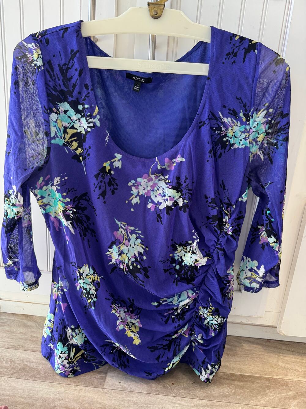 Blouse Womens SZ XL Purple Floral Sheer Mid-Sleeve Professional Sheer Round Neck